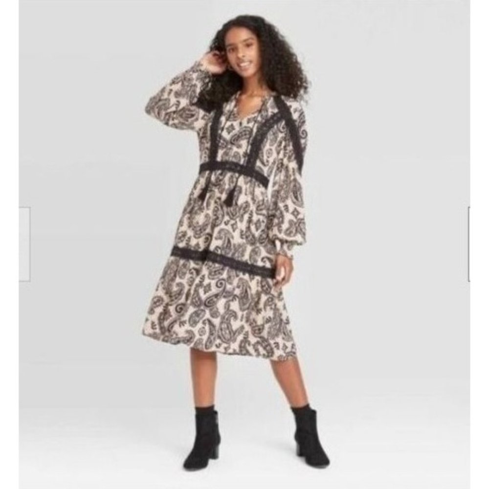 Knox Rose Long Sleeve Black Boho Paisley Crochet Trim Dress Size Large